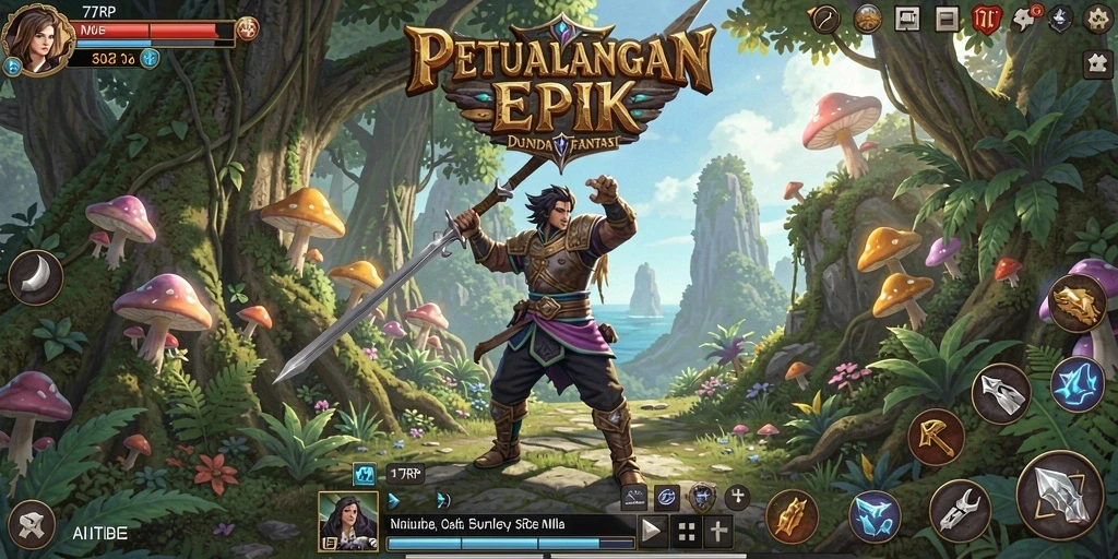 Screenshot utama 77RP menampilkan pertarungan seru di dunia RPG.