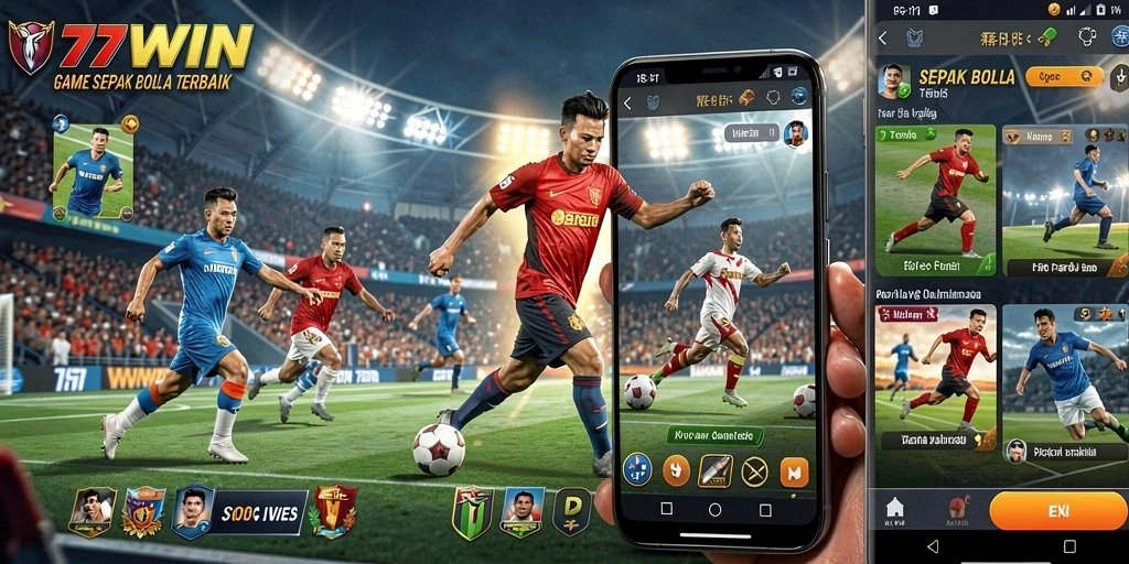 Tampilan gameplay <strong>77WIN</strong> menampilkan dribbling dan tembakan yang mendebarkan di lapangan.