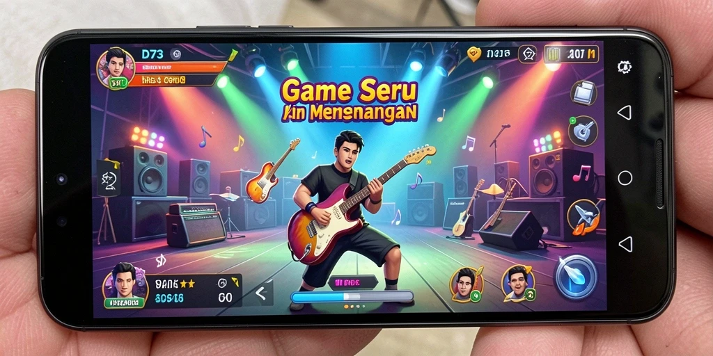 Screenshot D73 menunjukkan gameplay musik yang interaktif dan menarik.