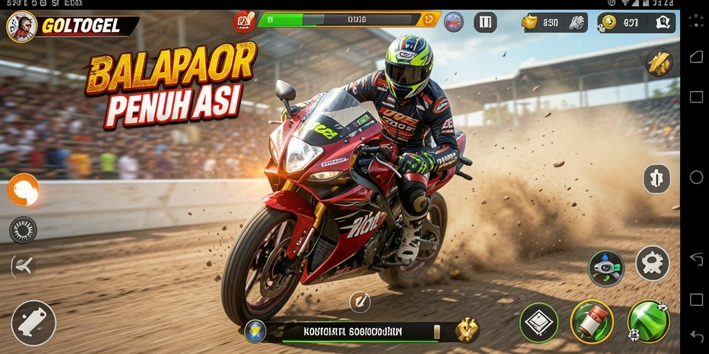 Gameplay GOLTOGEL menampilkan aksi balapan motor yang seru dan menegangkan.