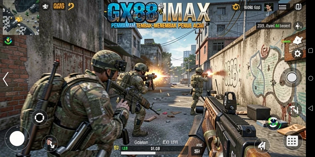 Skrinsut gameplay GX88 menampilkan aksi tembak-menembak yang intens.