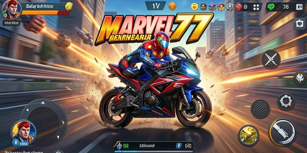 Screenshot gameplay MARVEL77 menunjukkan akselerasi balapan motor yang mendebarkan.
