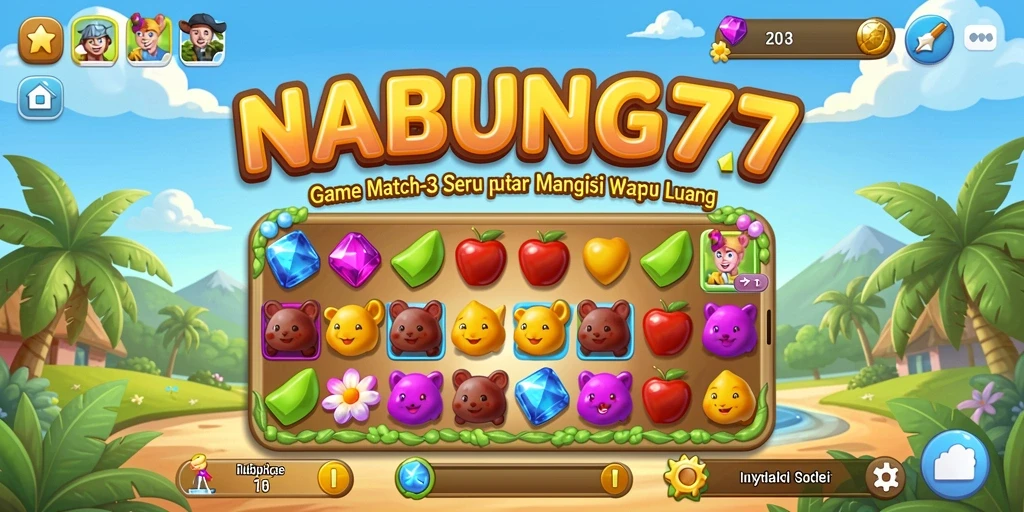 Screenshot gameplay NABUNG77 menampilkan aksi Match-3 yang seru dan penuh warna.