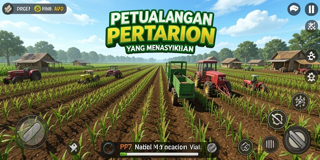 Screenshot gameplay PP7 menampilkan kebun yang subur dan aktivitas pertanian.