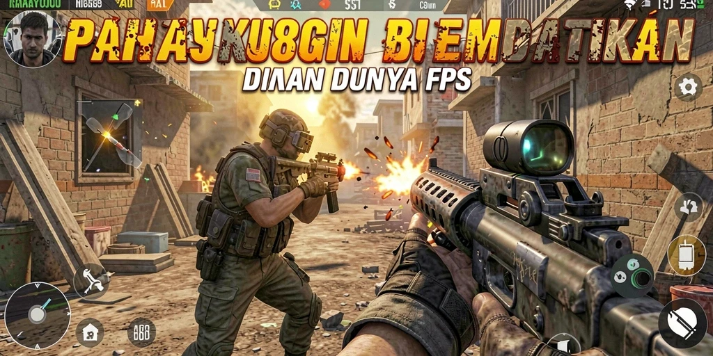 Screenshot utama menunjukkan aksi intens dalam permainan FPS.