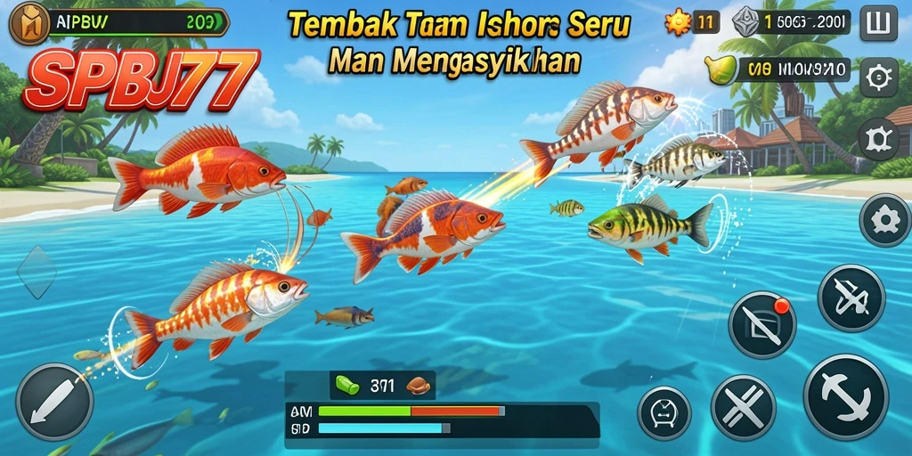 Tampilan gameplay seru dengan ikan berwarna-warni di SPBU77.